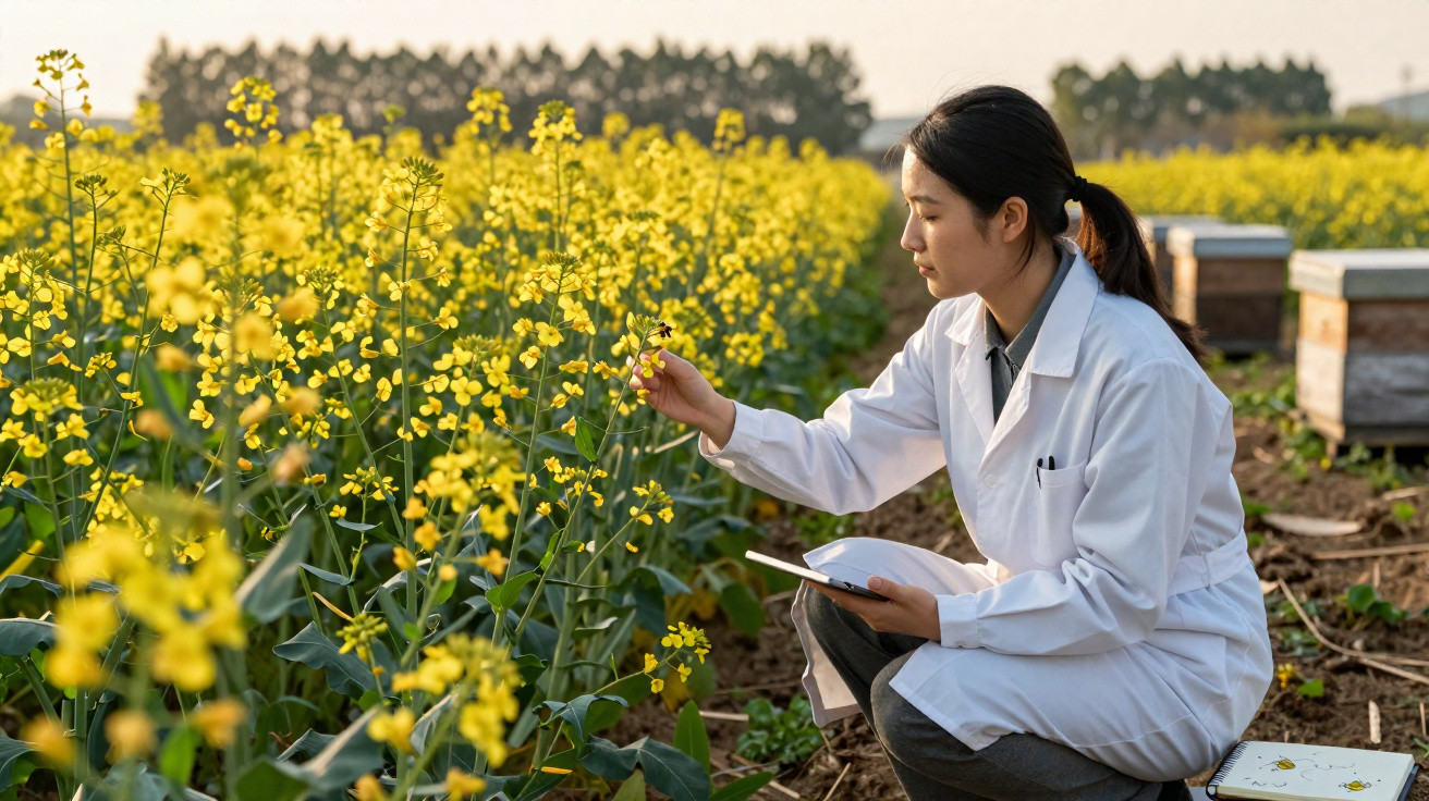 Scientist in white coat examining yellow flowers in a field, holding a clipboard and observing closely.