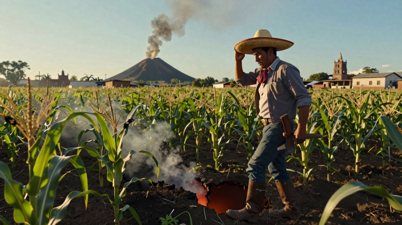 Man in traditional clothing standing near a smoking ground hole in a cornfield with an erupting volcano in the background.
