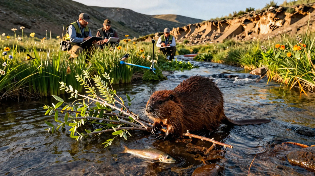 Beaver chewing a branch in a stream while three researchers observe and take notes nearby in a natural landscape.