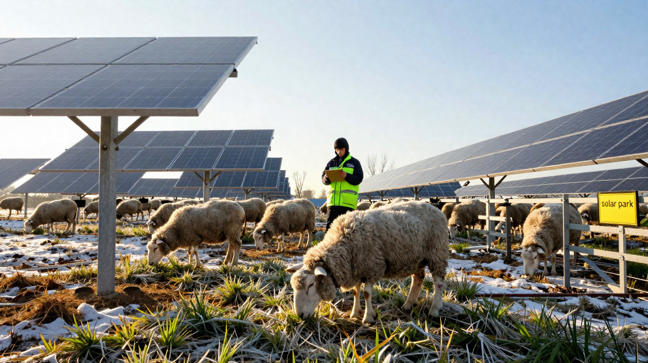 Sheep grazing among solar panels with a worker in a high-visibility jacket checking a tablet on a frosty day.