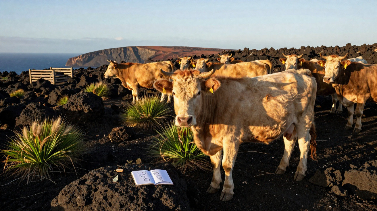 Light brown cows standing on rocky terrain with green plants and ocean cliffs in the background under clear sky.