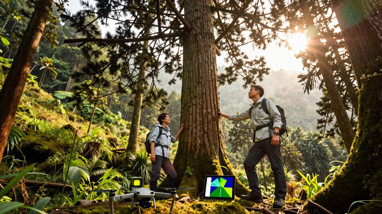 Two hikers examining a large tree in a forest with a drone and tablet on the ground nearby at sunrise.