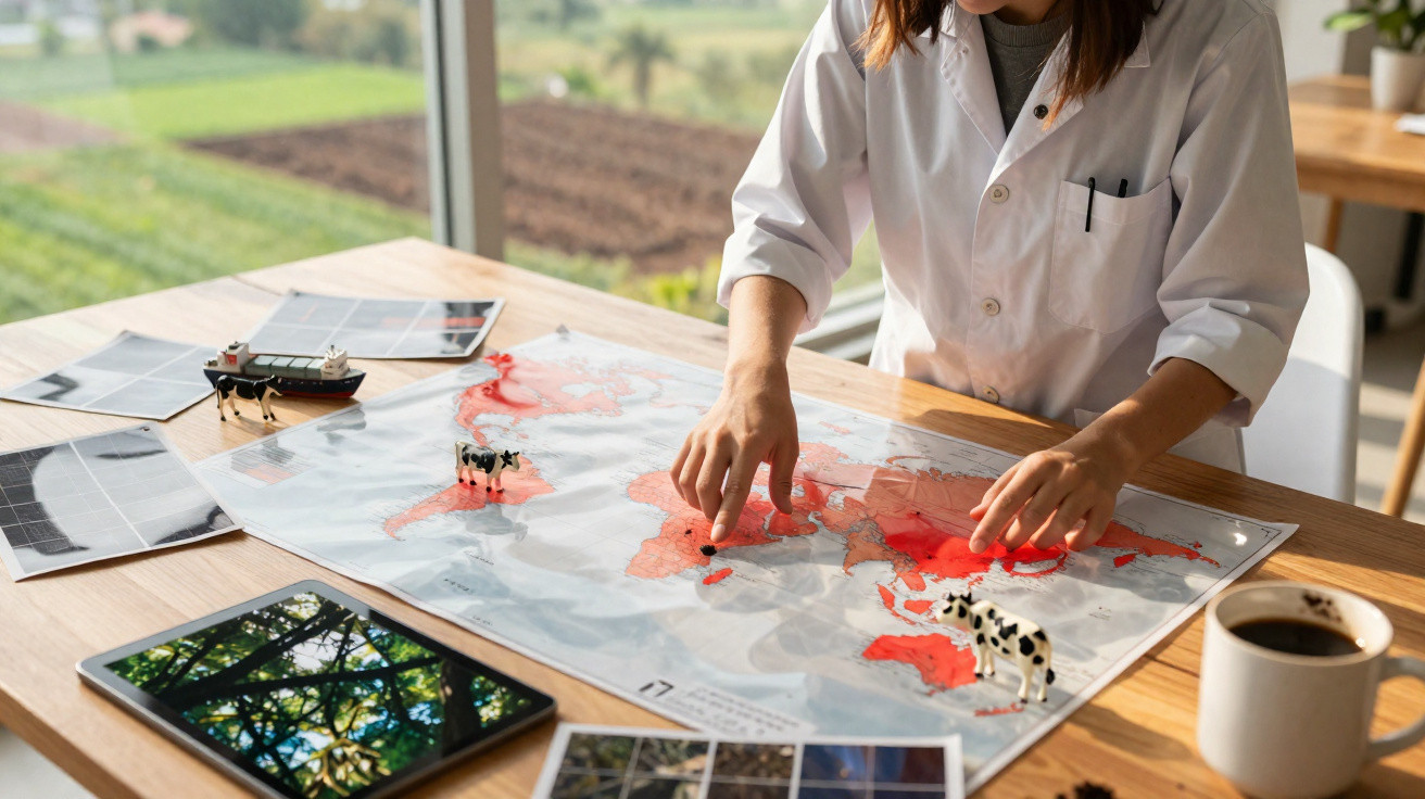 Person in white coat marking a world map with toy cows, photos, tablet, and coffee on wooden table near window.