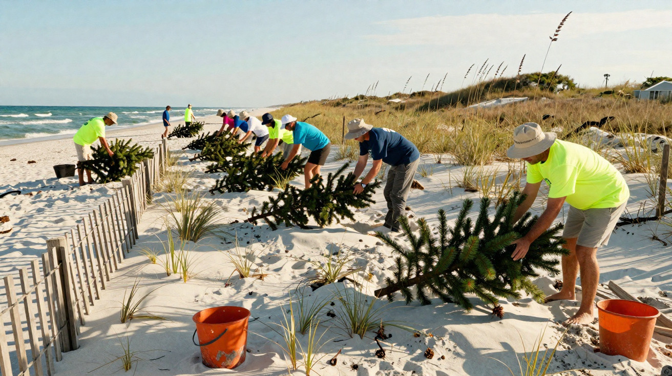 Volunteers planting Christmas trees along a sandy beach with dunes and grasses near the ocean.