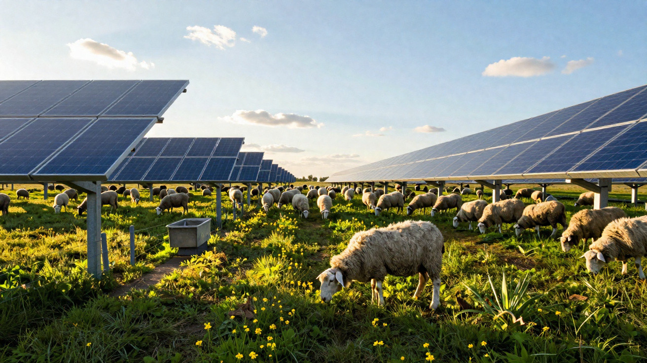 Sheep grazing under rows of solar panels in a sunny field with scattered yellow wildflowers.