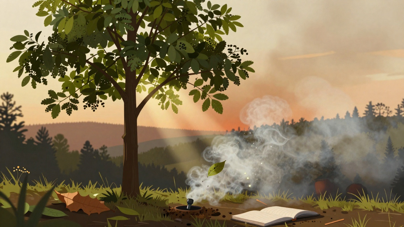Sunset scene with a tree, an open book, and smoke rising over a forested landscape.