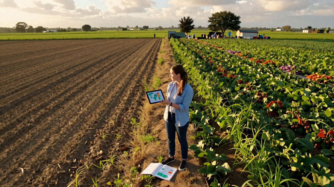 Woman using a tablet in a field by crops and a ploughed section under a partly cloudy sky.