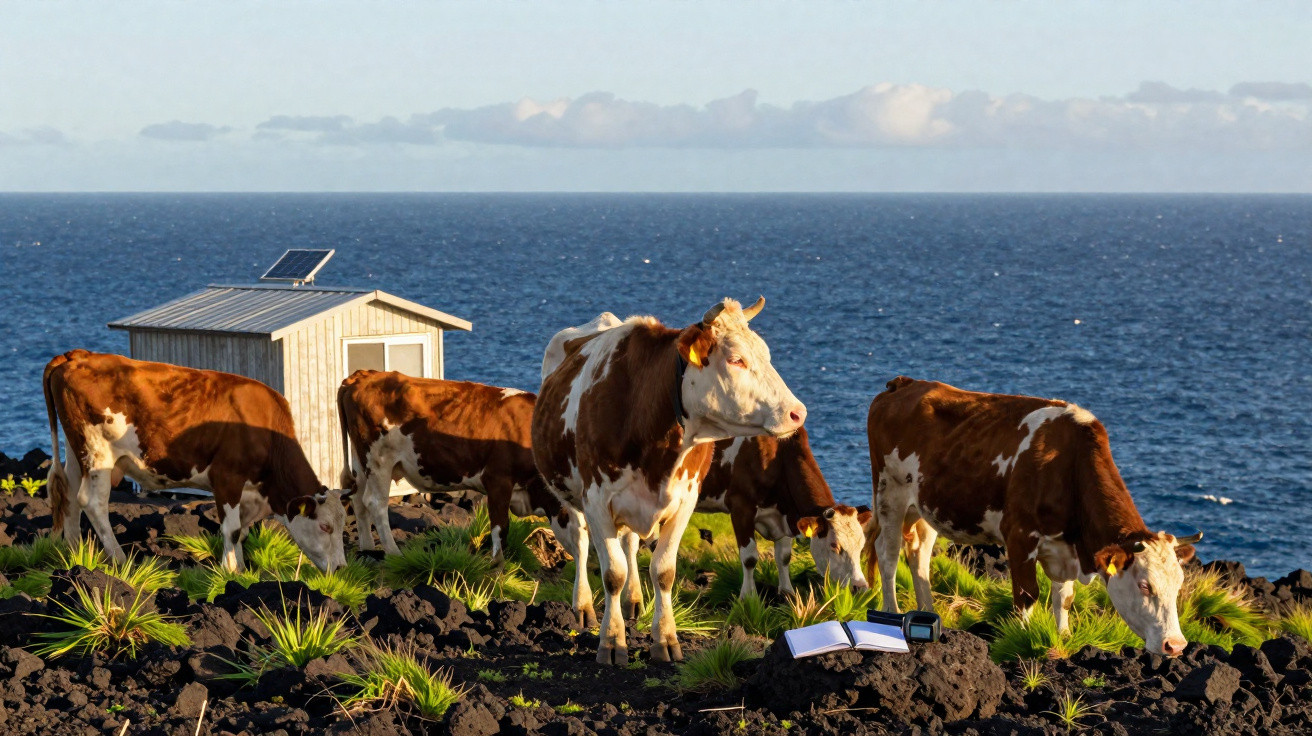 Brown and white cows grazing on rocky land near a small shed with the ocean in the background.