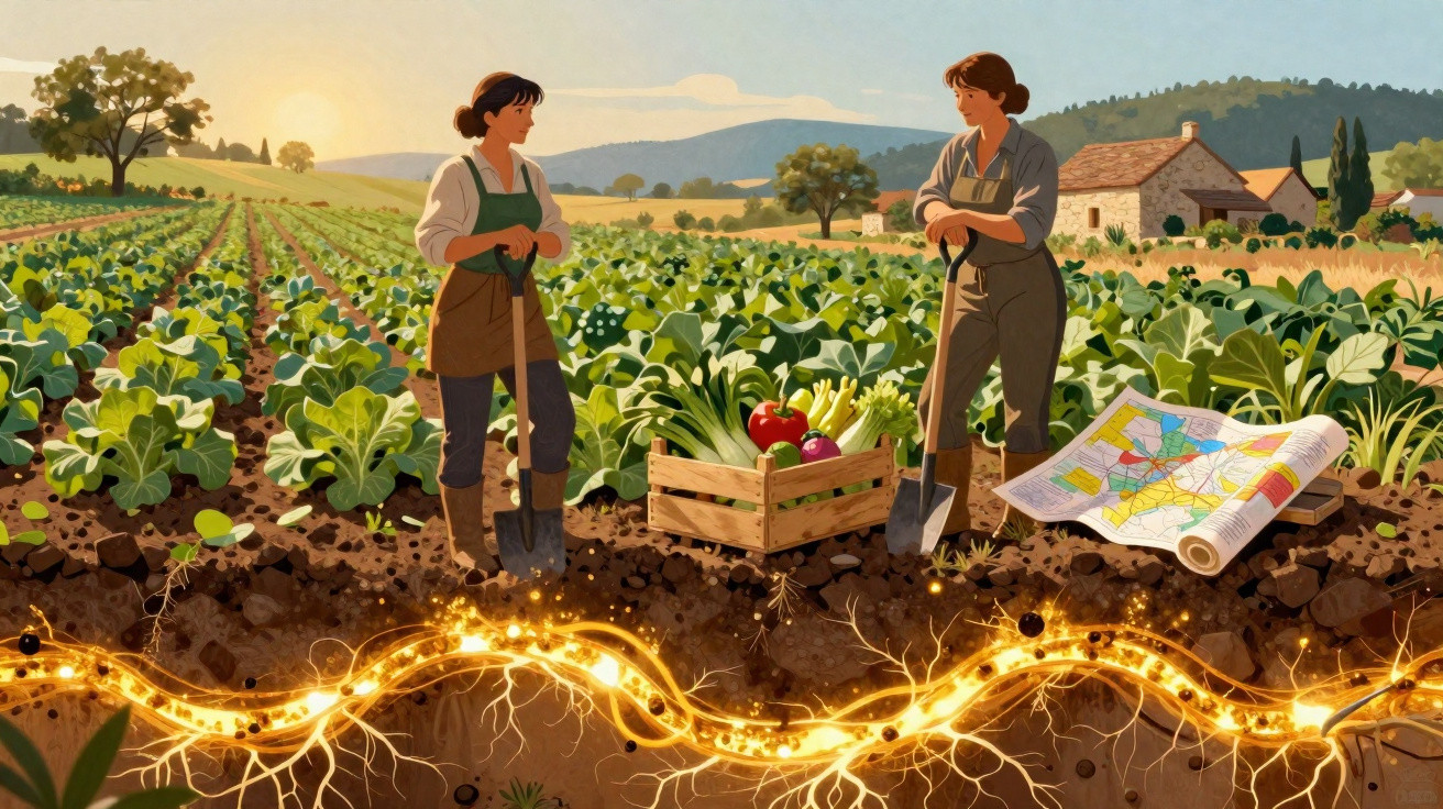 Two farmers stand in a field with shovels, crates of vegetables, and a glowing root system beneath the soil.