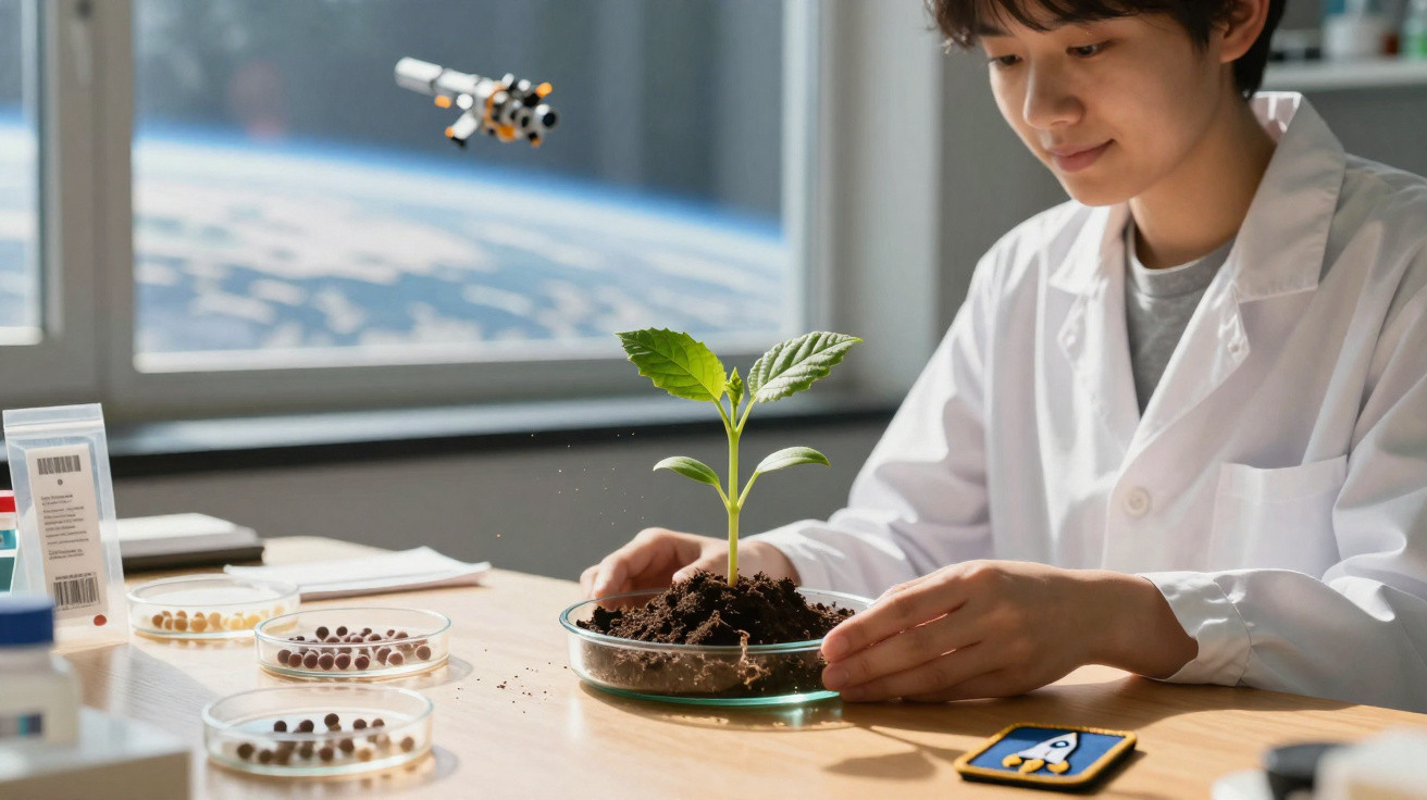 Young scientist in lab coat examining a small plant growing in soil on a petri dish in a lab.