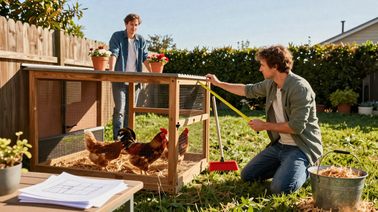 Two men measuring a wooden chicken coop with three chickens inside in a sunny garden.
