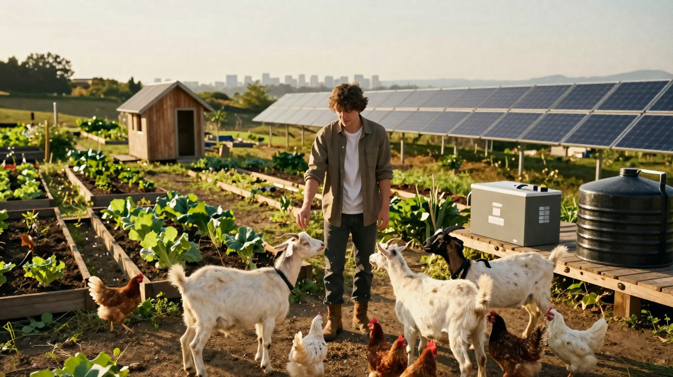 Person feeding goats and chickens in a garden with solar panels and a small wooden shed in the background.