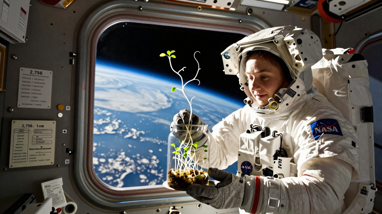 Astronaut in space suit inside spacecraft holding jar with growing plant seedlings against Earth backdrop.