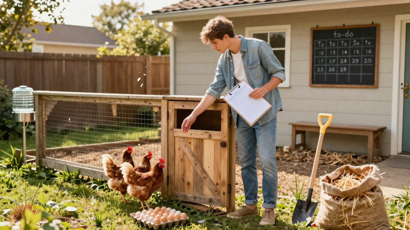 Young man holding clipboard feeding chickens outside a wooden chicken coop in a backyard garden.