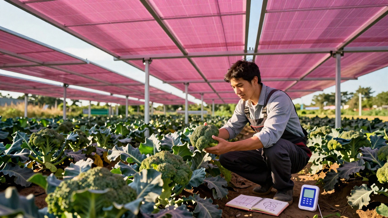 A man inspecting broccoli plants under a pink shade structure in a large field with a notebook and digital device nearby.