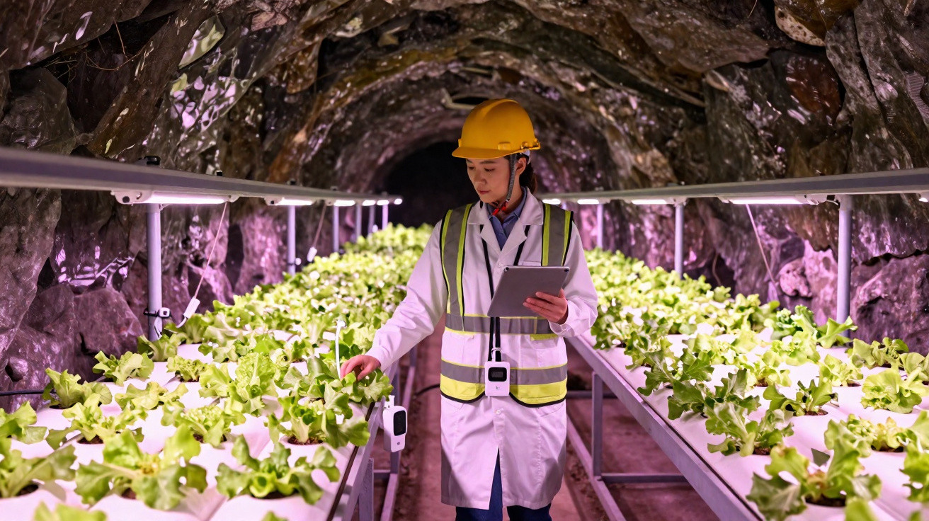 Scientist in safety gear inspecting hydroponic lettuce growing under LED lights in an indoor cave farm.