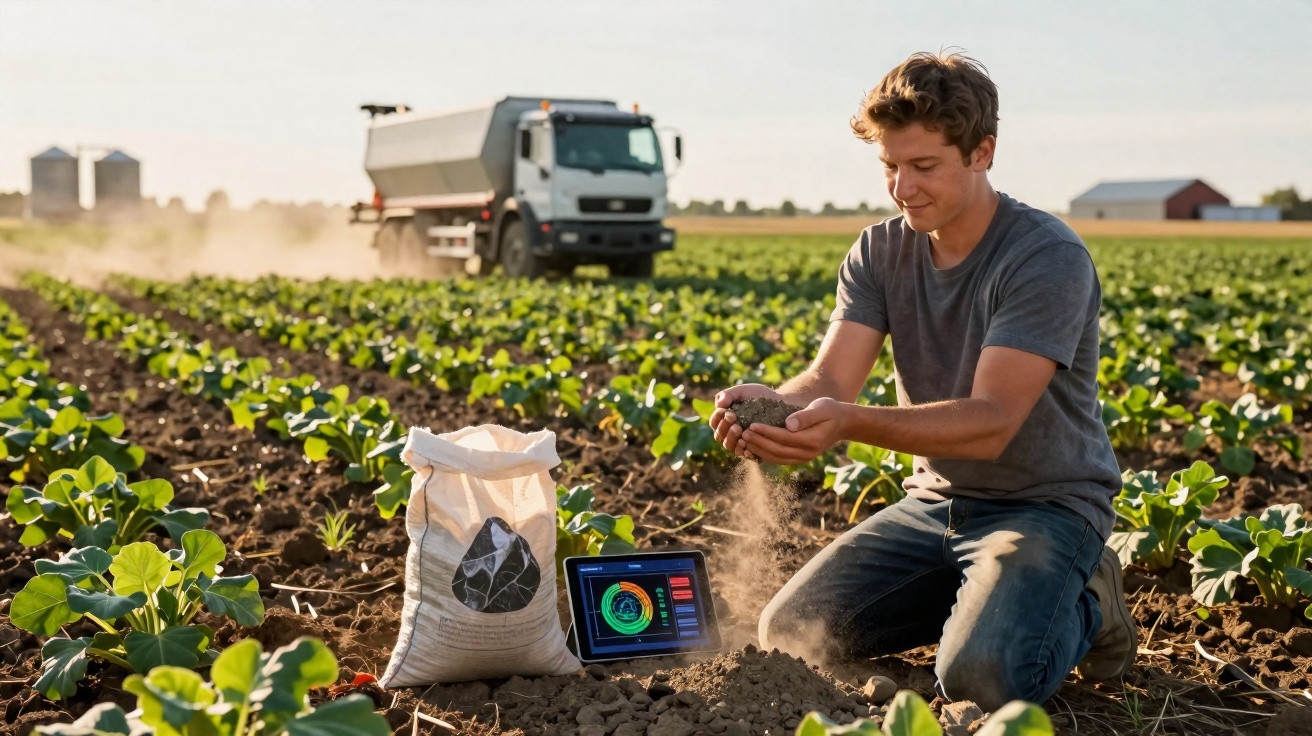 Farmer kneeling in a field examining soil with a tablet displaying data and a truck in the background.