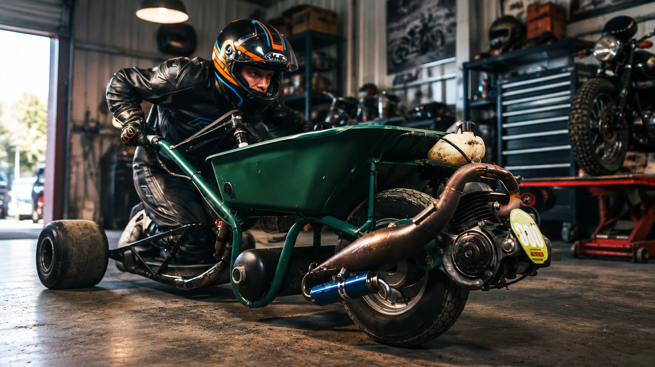 Person in leather suit and helmet riding a custom motorised green wheelbarrow in a garage workshop.