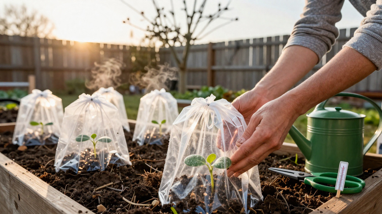 Hands adjusting a plastic cloche over a seedling in a raised garden bed at sunrise with a watering can nearby.