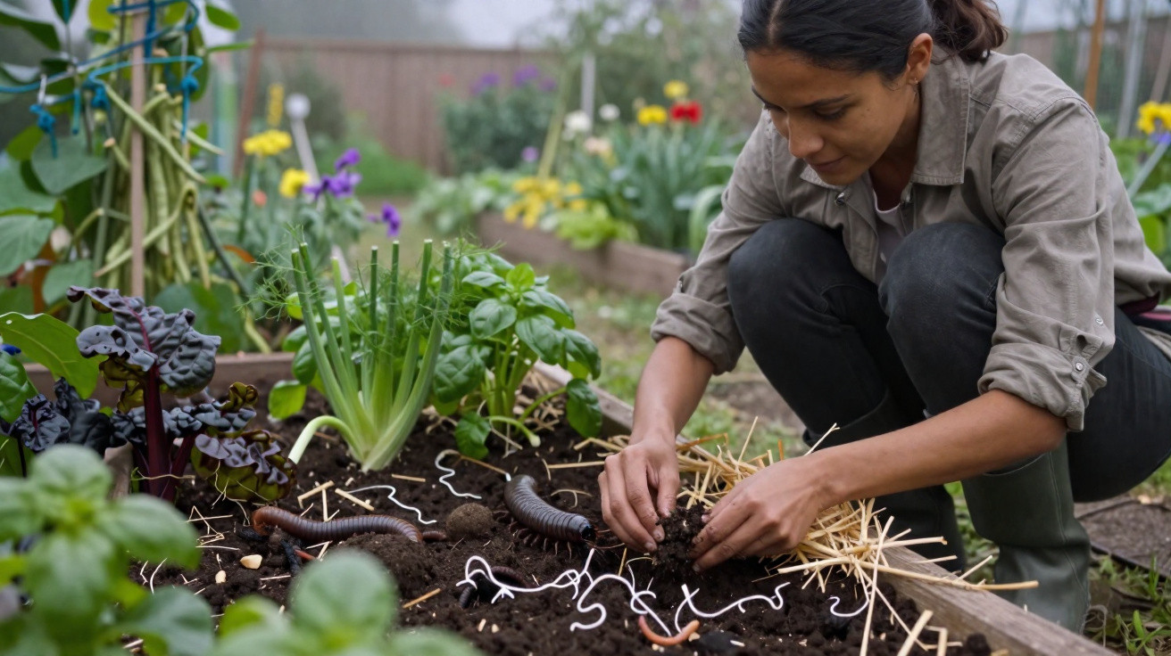 Person gardening in raised bed with soil, worms, and various plants including leafy greens and herbs.