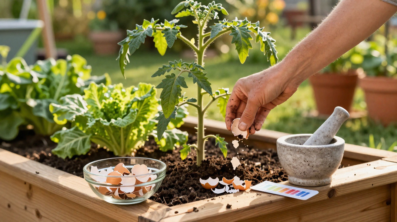 Hand sprinkling crushed eggshells around a tomato seedling in a wooden raised garden bed outdoors.