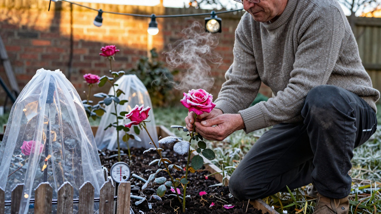 Man warming a pink rose in a frost-covered garden bed with protective covers and string lights.