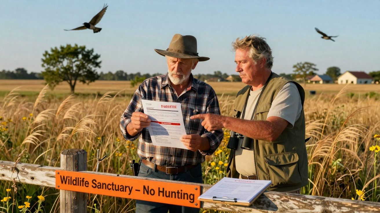 Two men discussing papers by a Wildlife Sanctuary fence with birds flying overhead in a field.