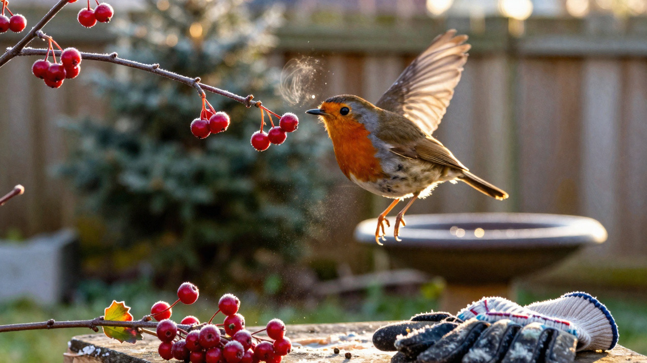 Robin in mid-flight near red berries with visible breath on a cold autumn morning in a garden.