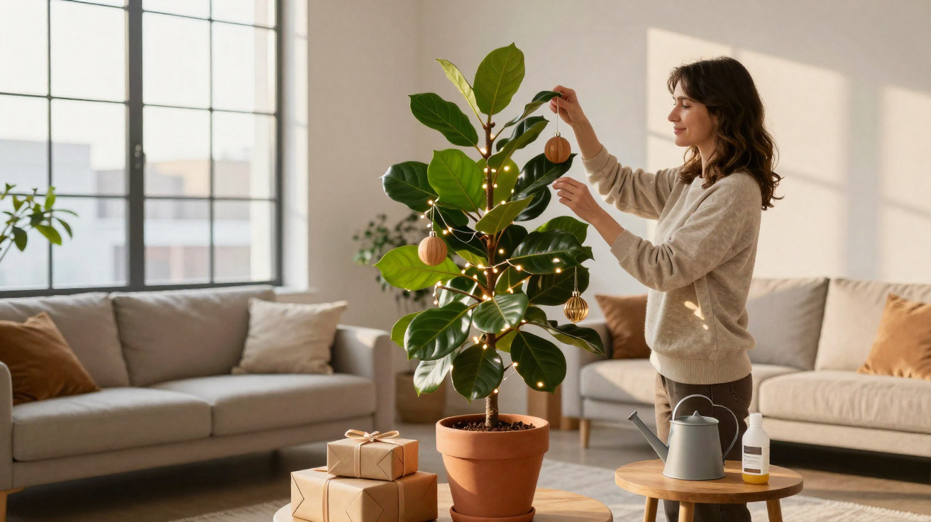 Woman decorating a potted indoor plant with fairy lights and wooden baubles in a cosy living room.