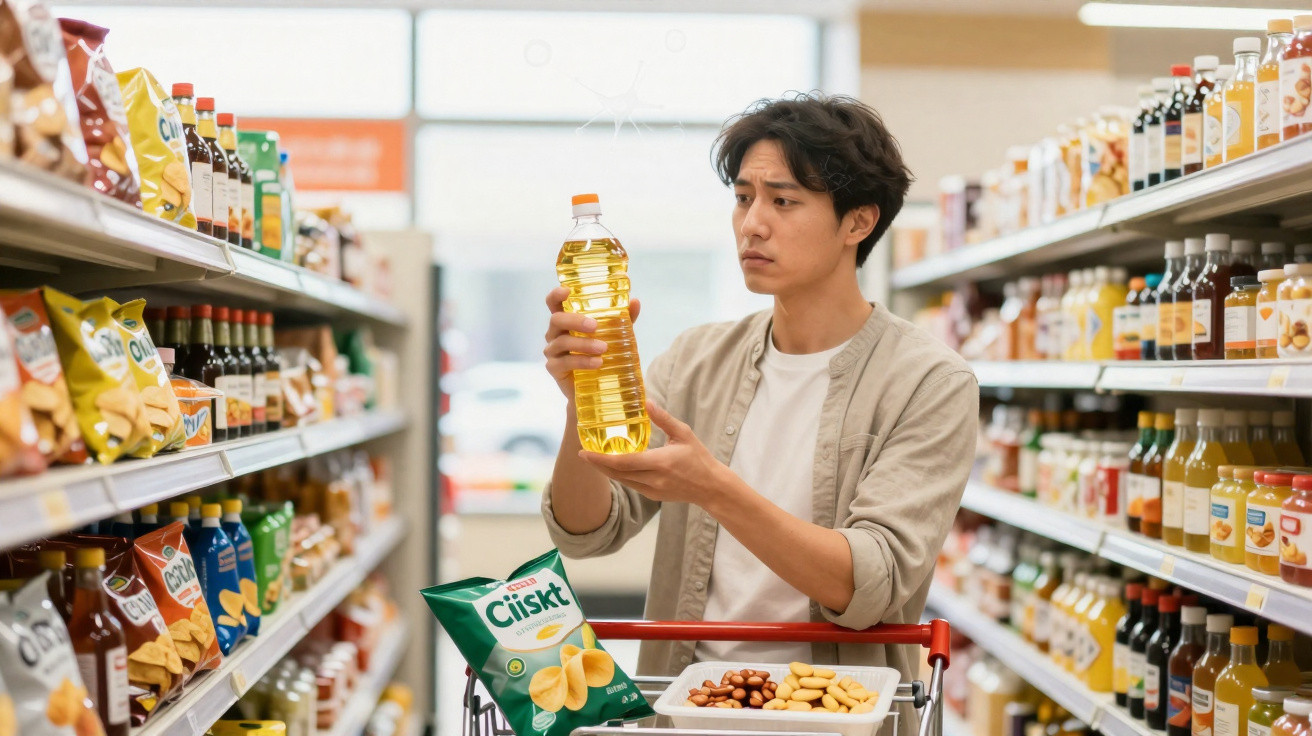 Young man in a supermarket aisle examining a bottle of cooking oil with a shopping trolley containing snacks.