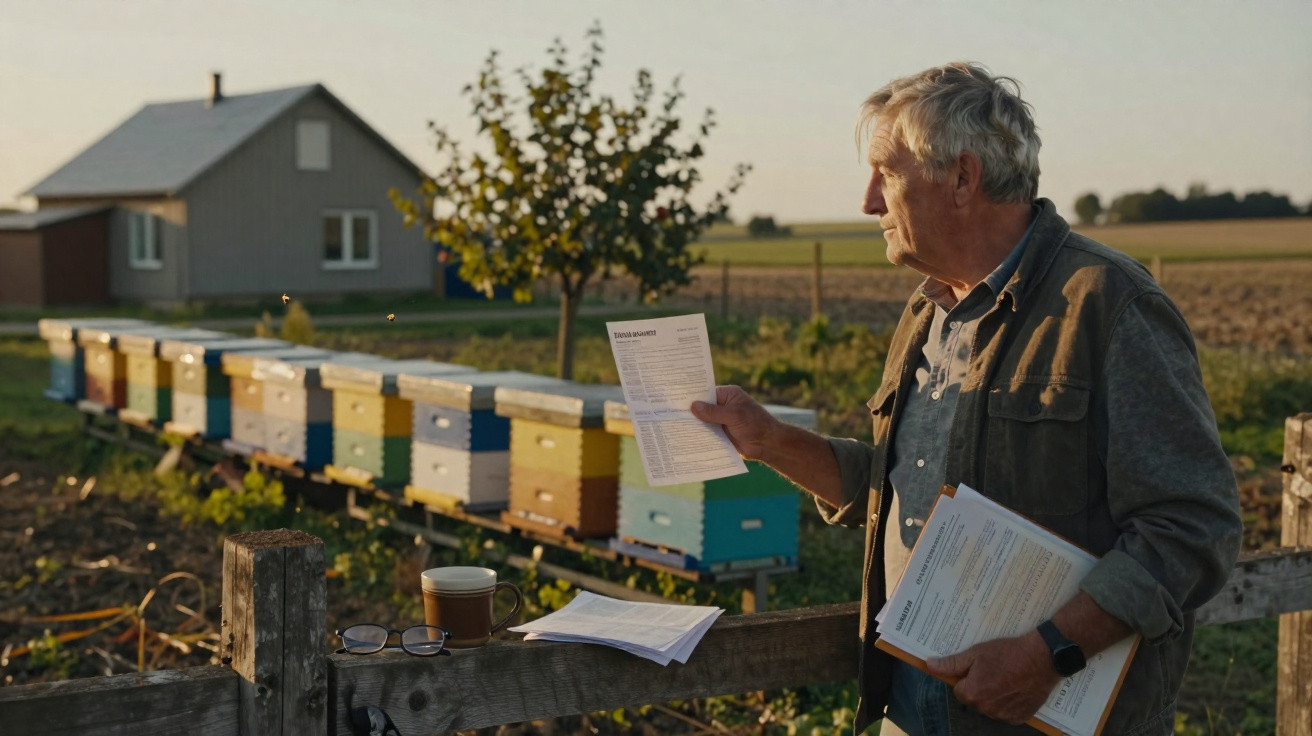 Elderly man holding documents by a wooden fence near colourful beehives in a rural setting at sunset.