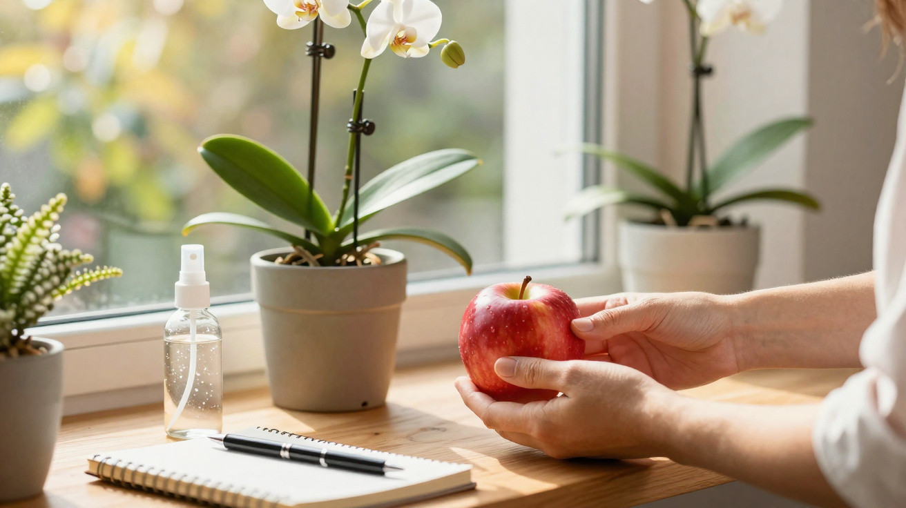 Hands holding a red apple on a wooden desk with orchids, a notebook, pen, and a spray bottle by the window.