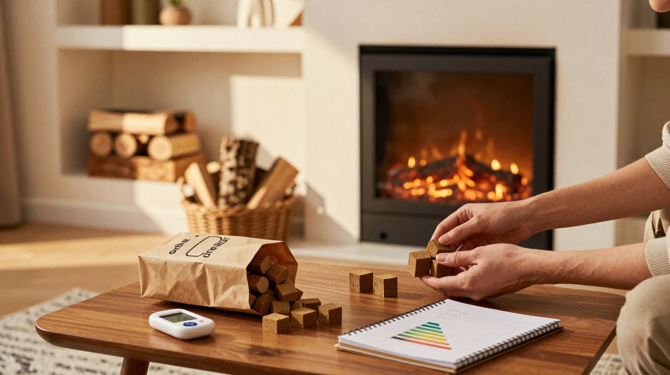 Person placing brown energy-saving cubes on a wooden table in front of a fireplace with a thermal energy chart nearby.