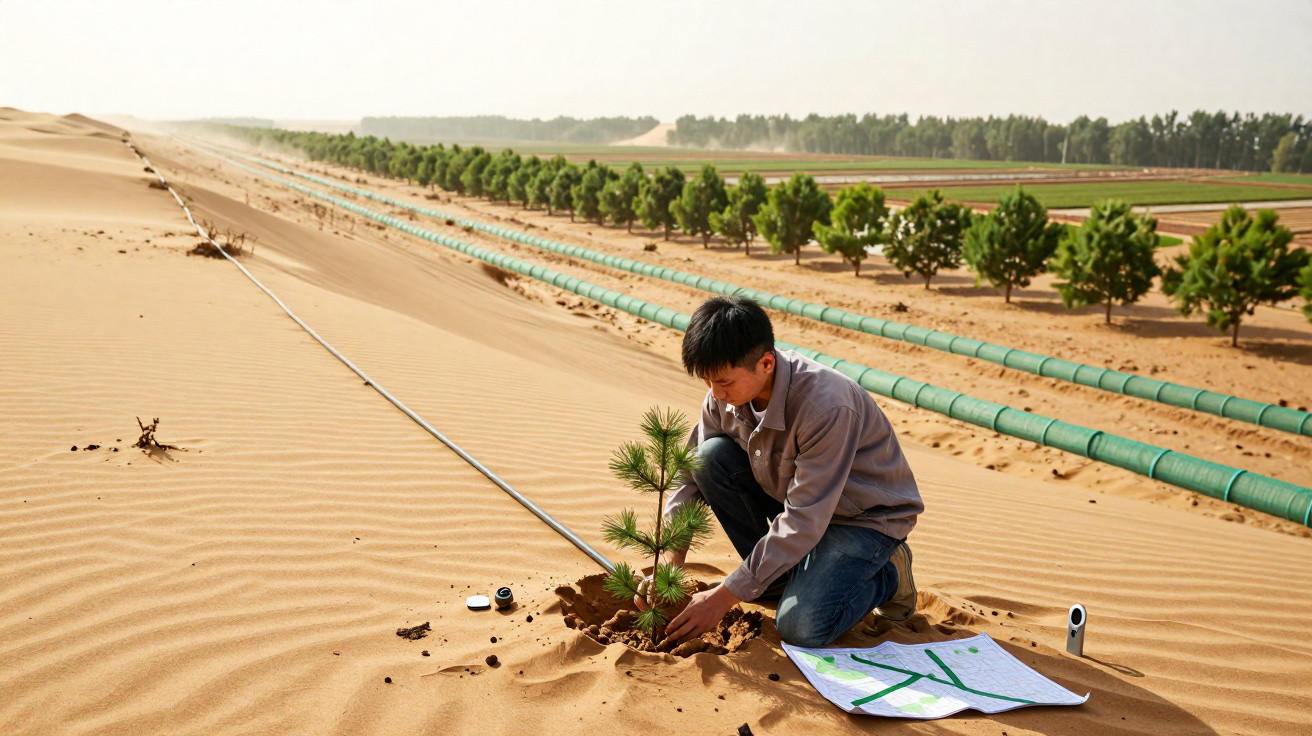 Man planting a small tree in sandy desert soil near irrigation pipes and tree rows in the background.