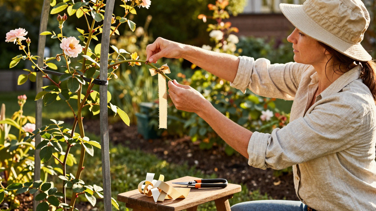 Woman in a hat tying a fabric strip to a rose plant in a sunny garden during daytime.