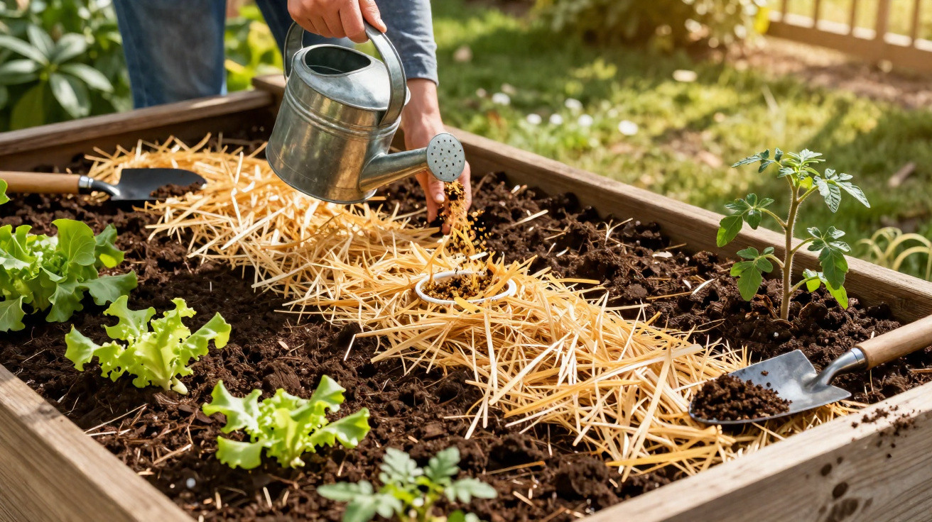 Person watering seeds in a wooden raised garden bed with lettuce plants and straw mulch in sunlight.