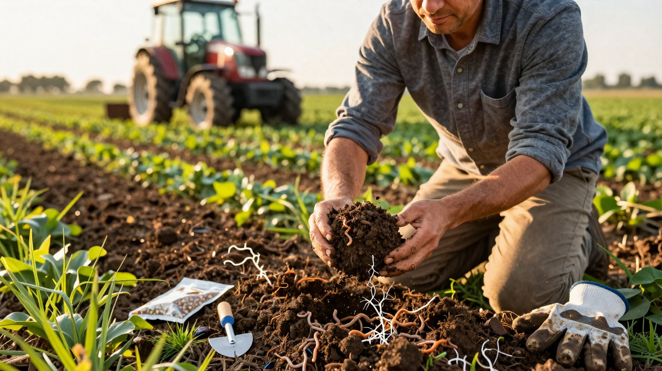 Farmer kneeling in a field holding soil with earthworms, tractor and gardening tools visible nearby.