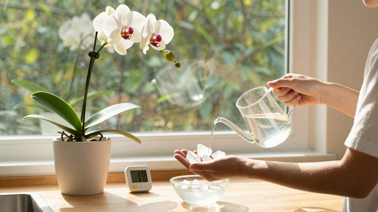 Person watering white orchid with a clear watering can on a sunny windowsill.