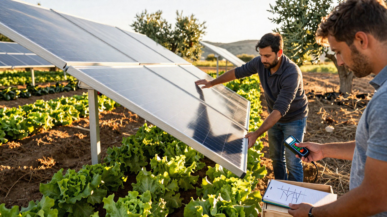 Two men inspecting solar panels installed above a lettuce field in a rural setting at sunset