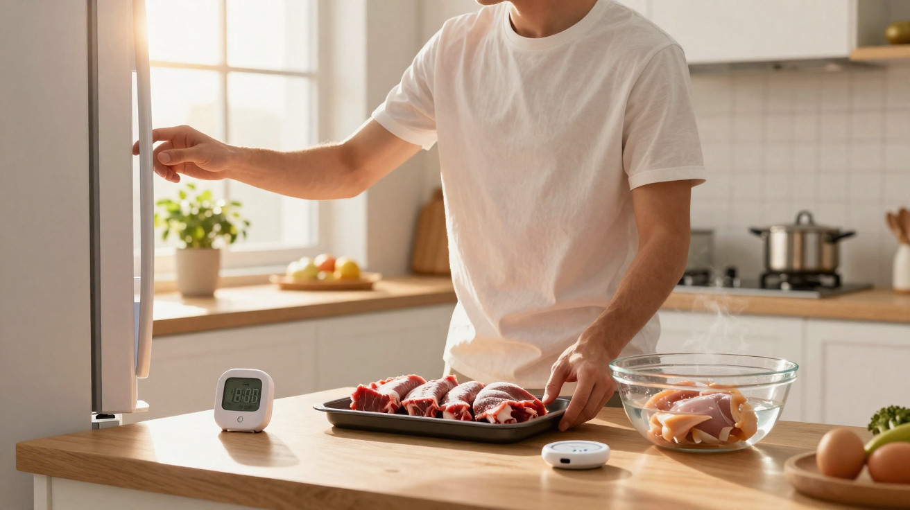 Person in white t-shirt placing a tray of raw meat on a kitchen counter by the fridge.