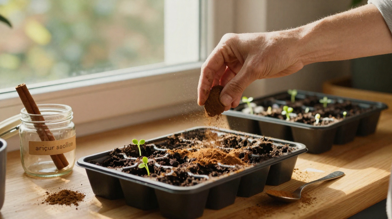 Hand sprinkling cinnamon from a stick over seedling trays on a wooden windowsill with sunlight.
