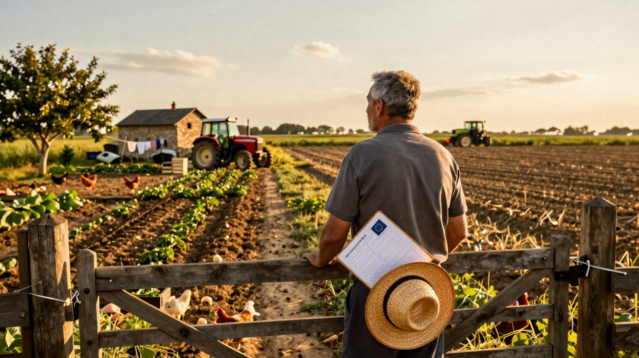 Farmer holding straw hat and clipboard, looking over vegetable field with tractors and chickens in the background.