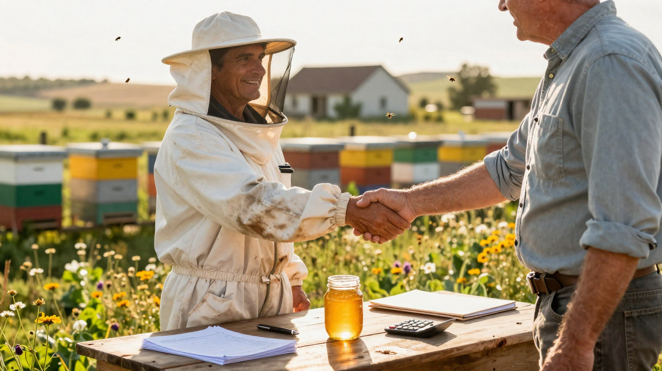 Two men shaking hands at a beekeeping site with hives, flowers, and a jar of honey on the table.