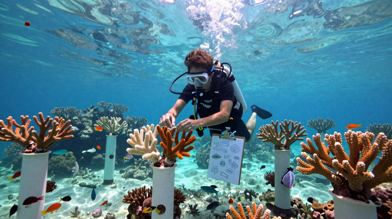 Scuba diver tending to coral fragments in underwater nursery with colourful tropical fish swimming around.