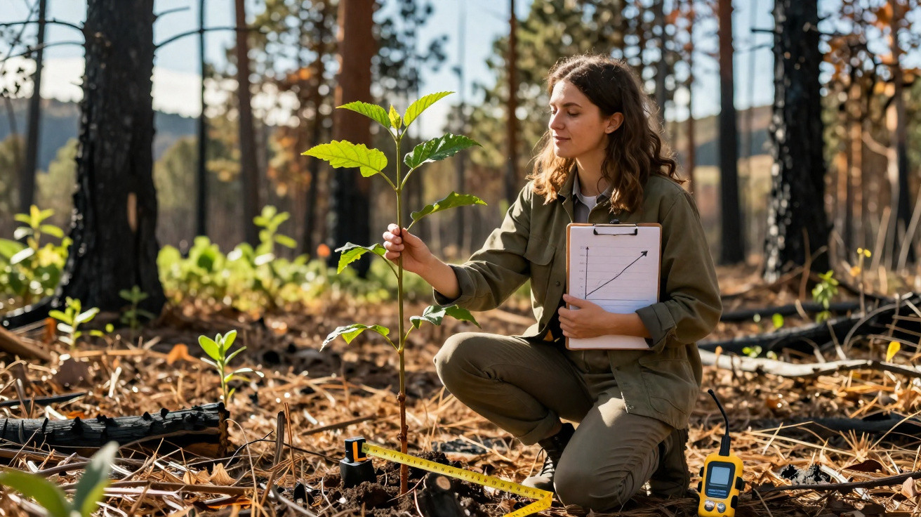 Woman kneeling in forest holding a sapling and clipboard with growth chart among regrowing plants.