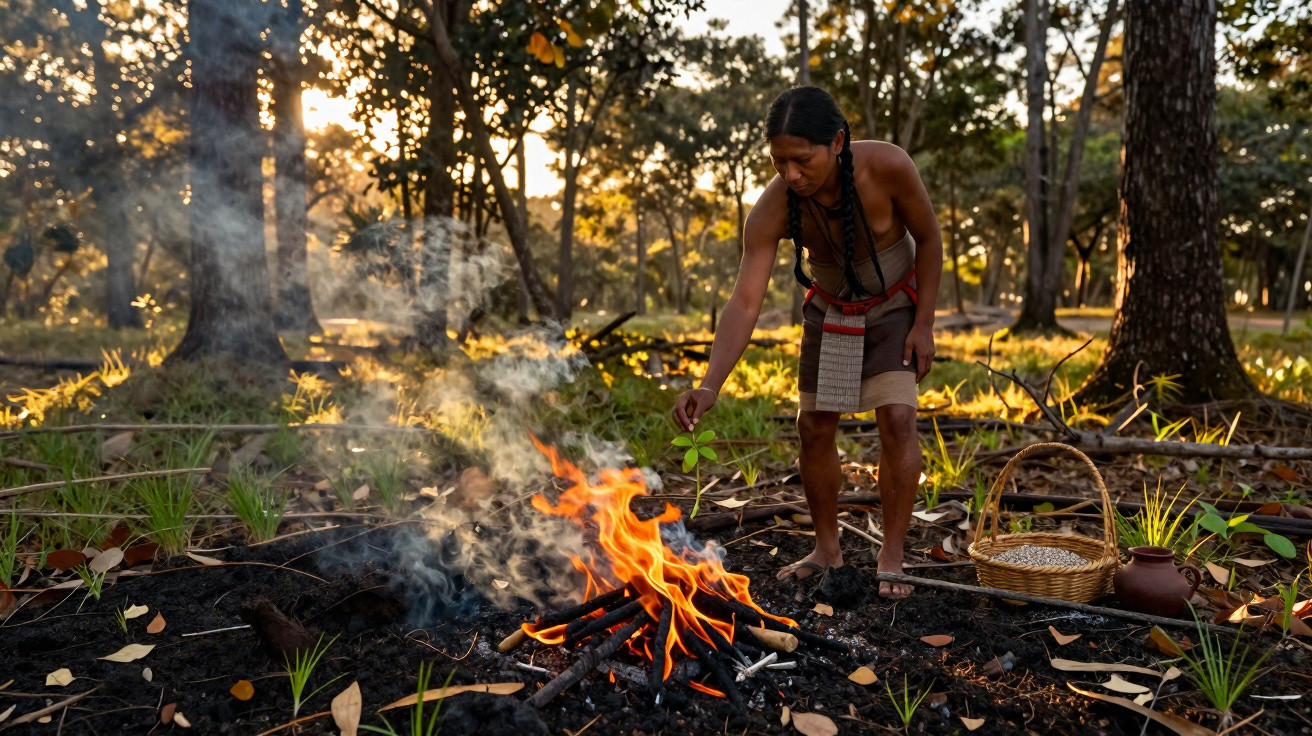 Indigenous person tending a fire in a forest clearing at sunset with basket and clay pot nearby.