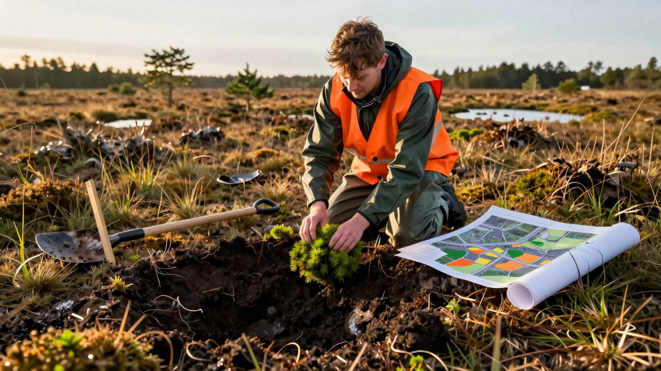 Man in orange safety vest planting a small tree in a muddy field next to a shovel and a landscape plan.
