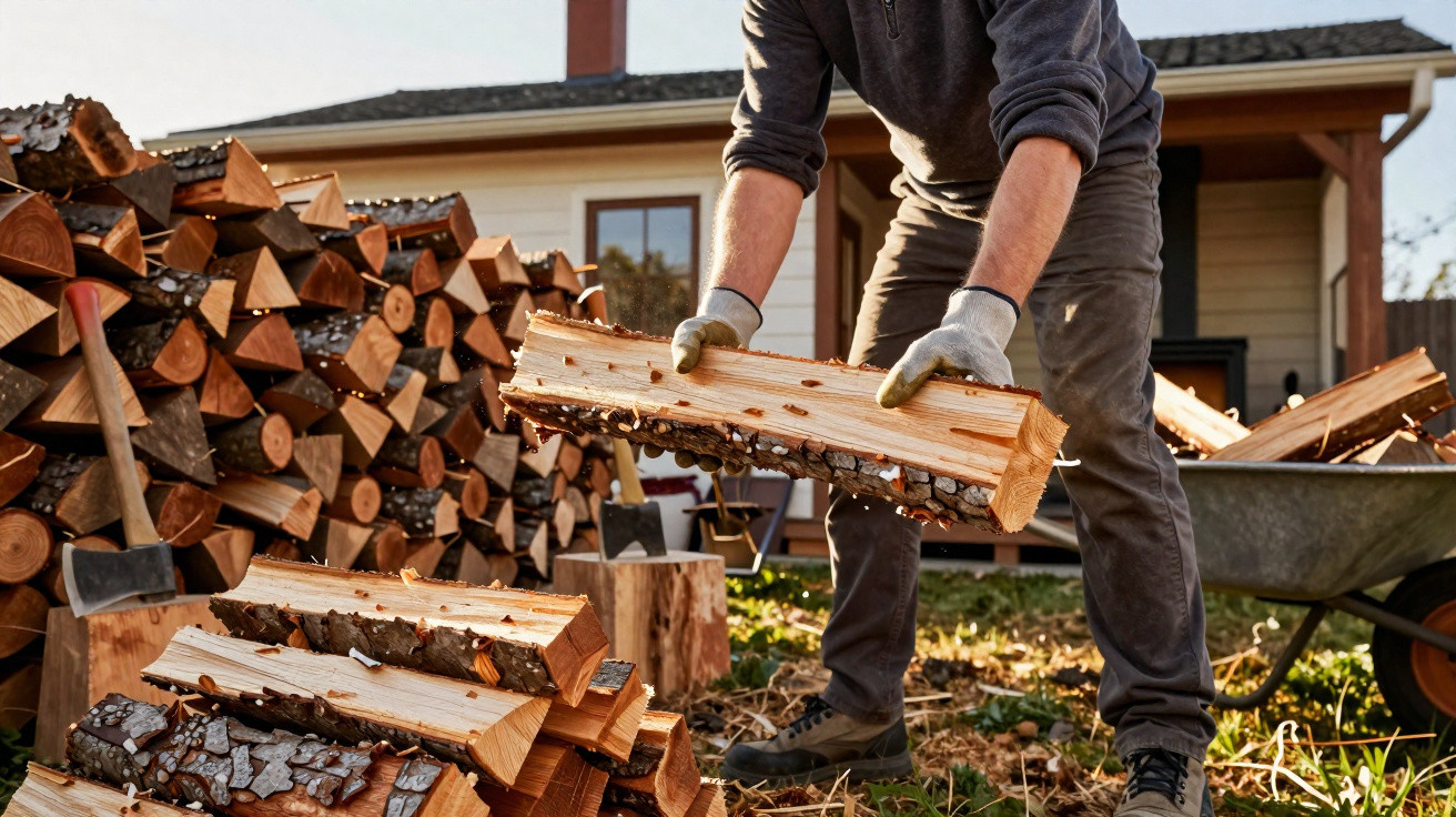 Person wearing gloves stacking split firewood logs outside near a house and wheelbarrow.