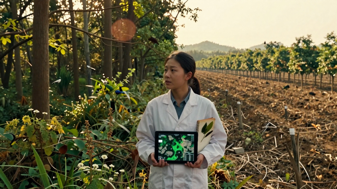 Scientist in white coat holding tablet with plant data in agricultural field during sunset.
