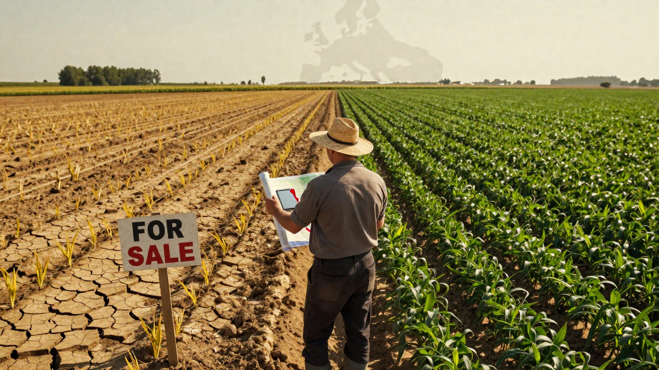 Farmer with clipboard inspects a field divided between dry, cracked soil and healthy crops, with a for sale sign.